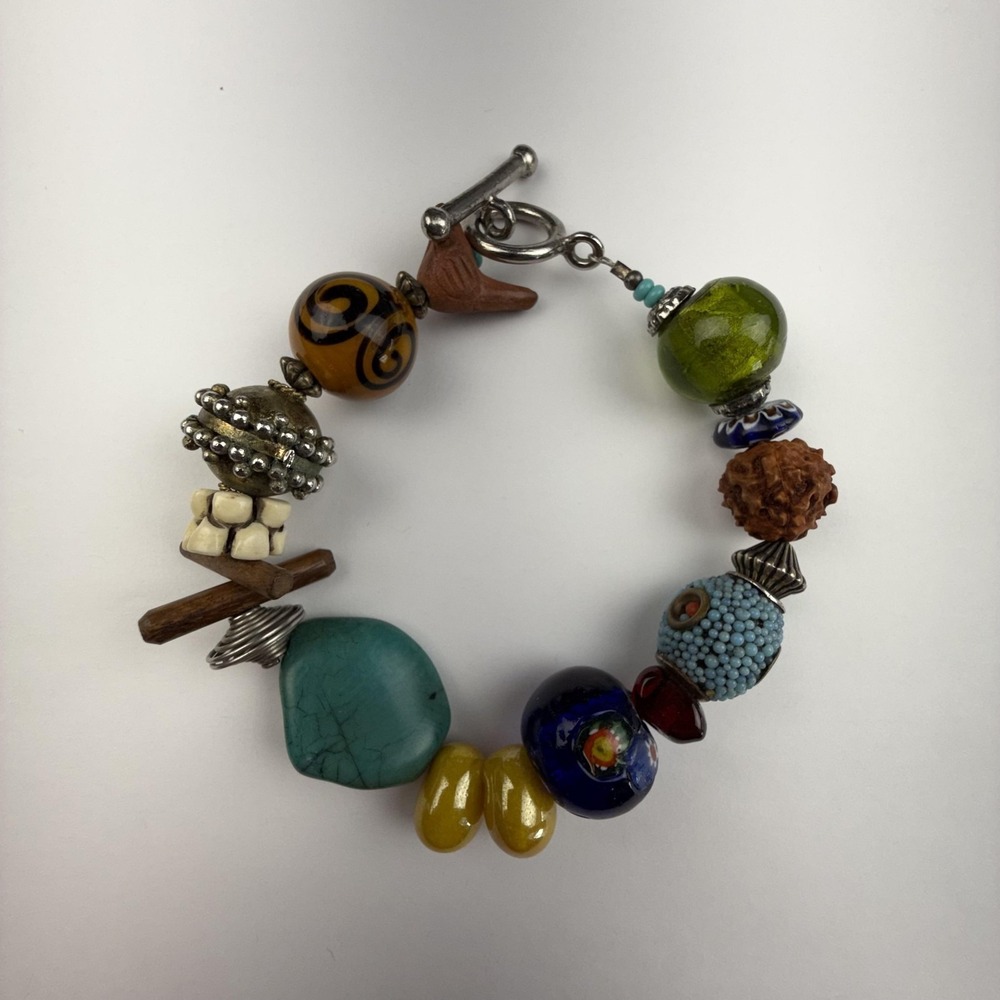 Beaded Multicolor Glass Wood Bracelet Womens 7 In Toggle Clasp Boho Statement